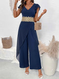 V-Neck Wide Leg Jumpsuit with Ruffles.