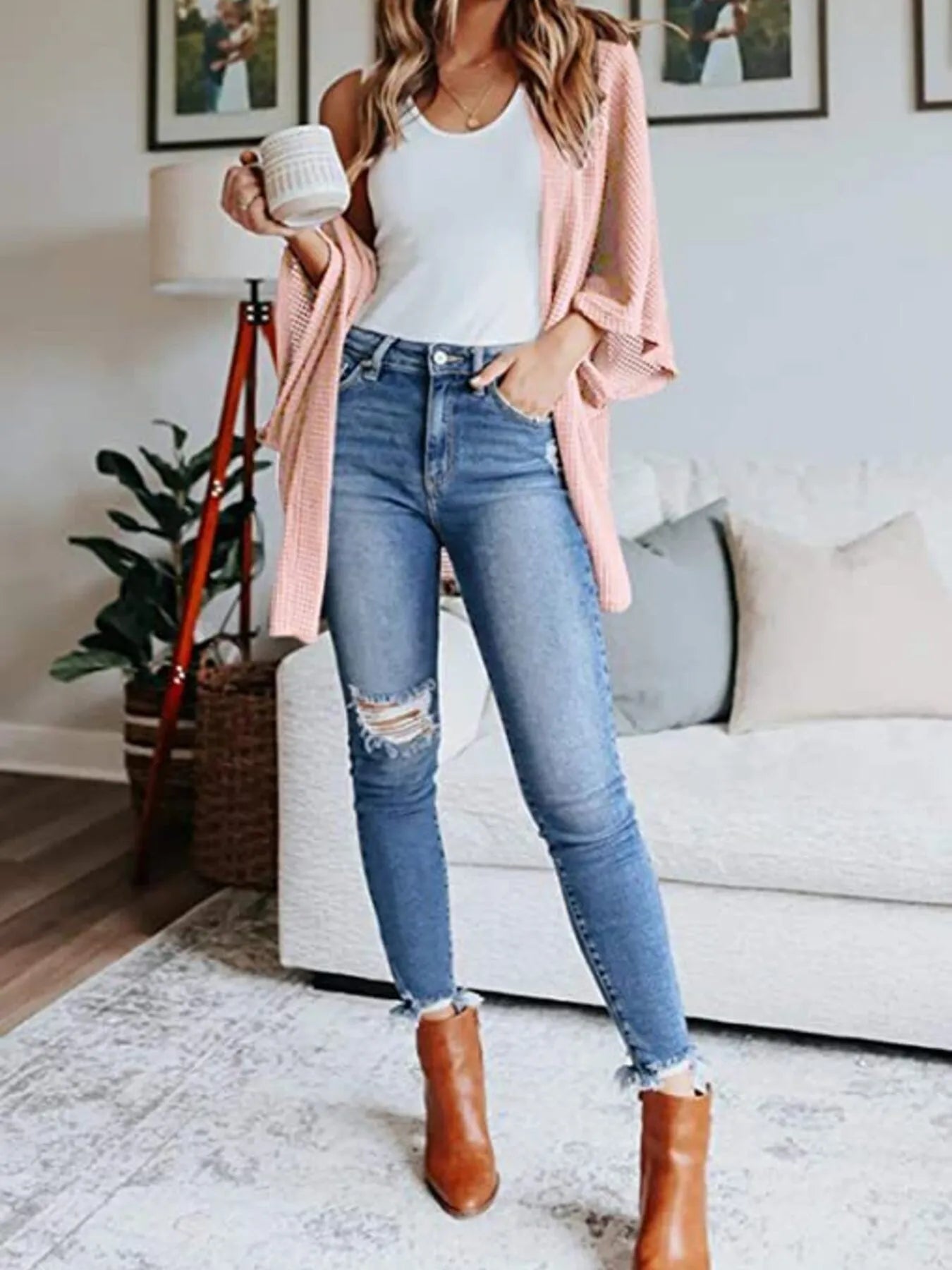 Plus Size Open Front Waffle Knit Cardigan.