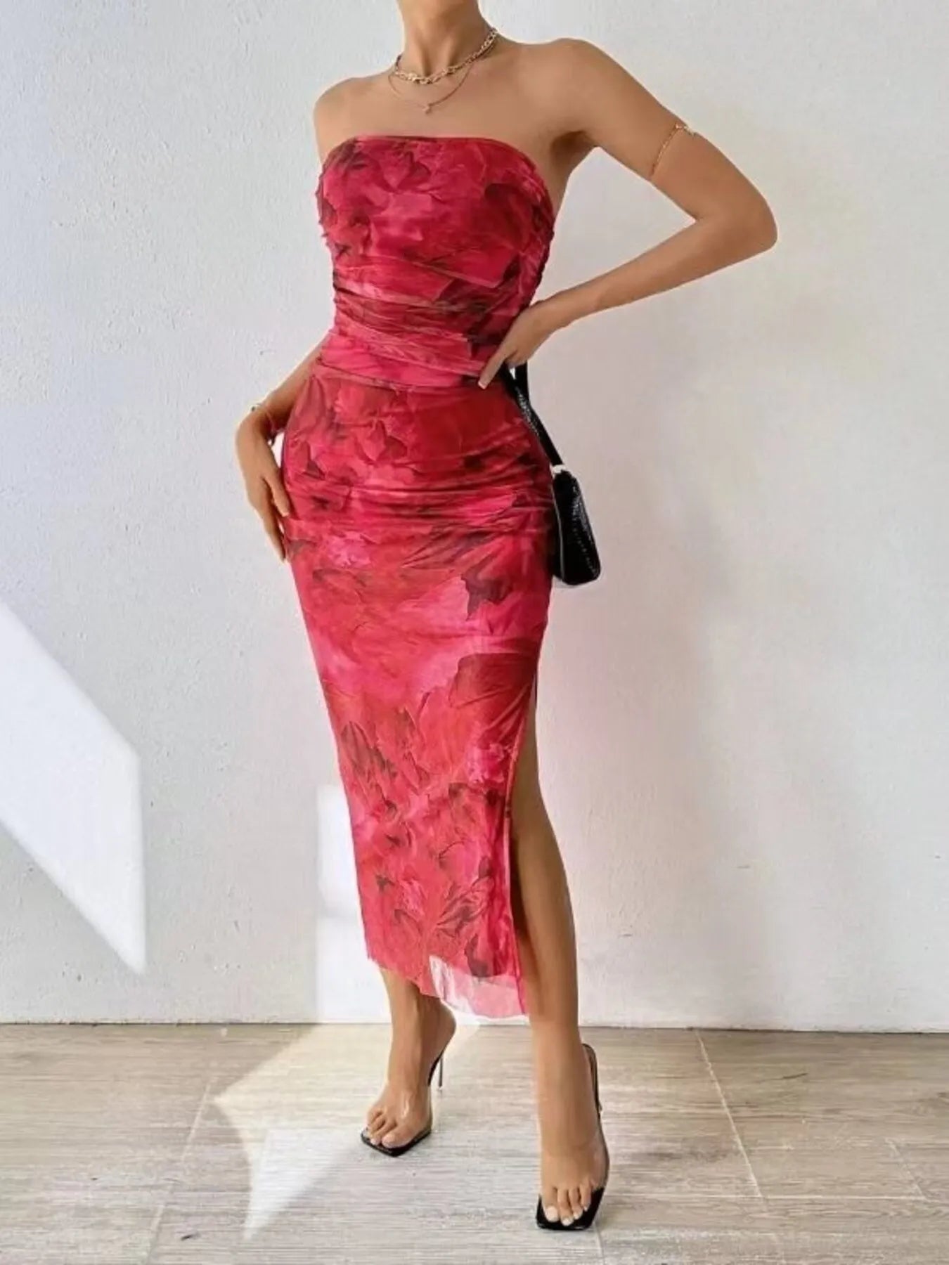 Printed Side Slit Tube Dress.