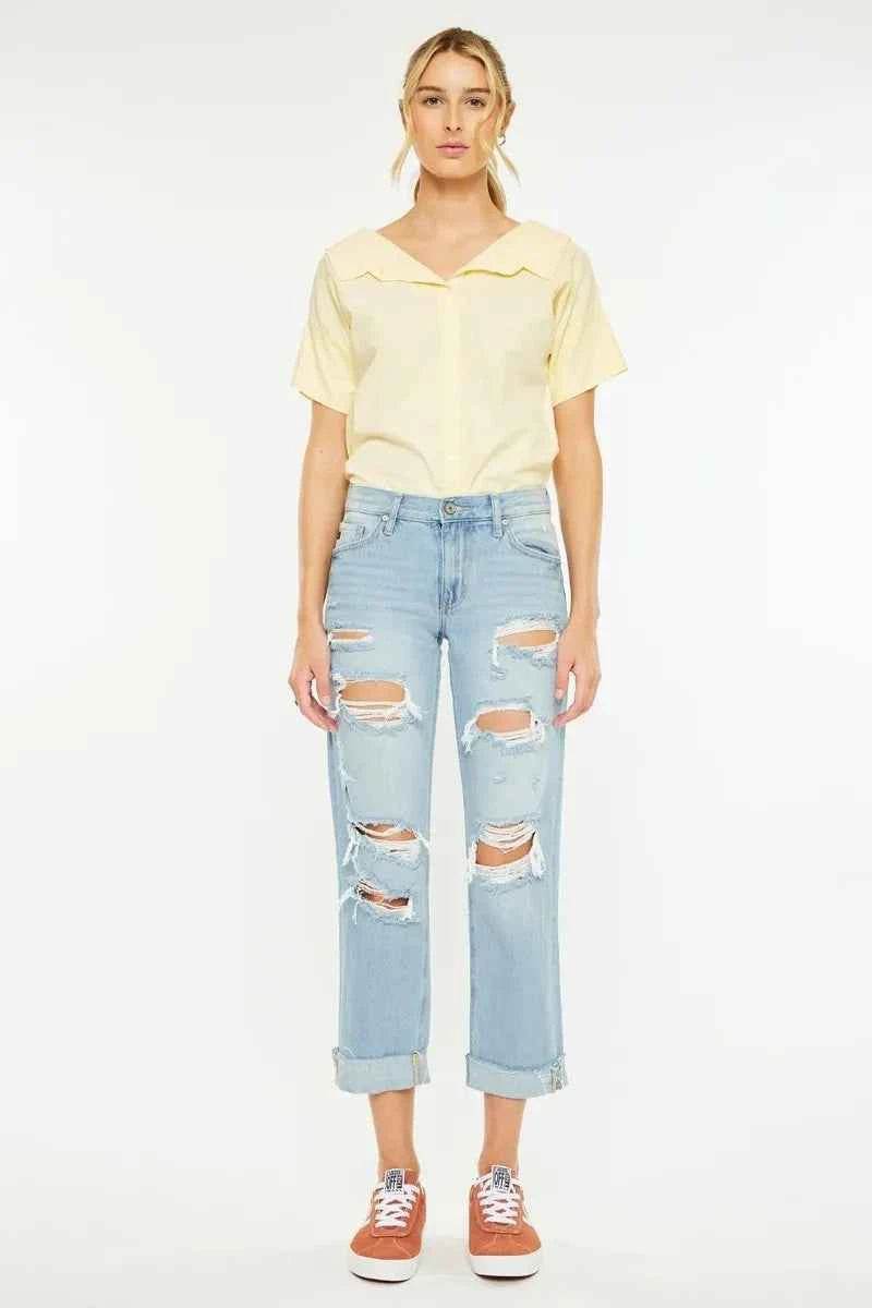 Kancan Mid Rise Distressed Boyfriend Jeans.