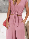 Tie Front Top & Wide Leg Pants Set.