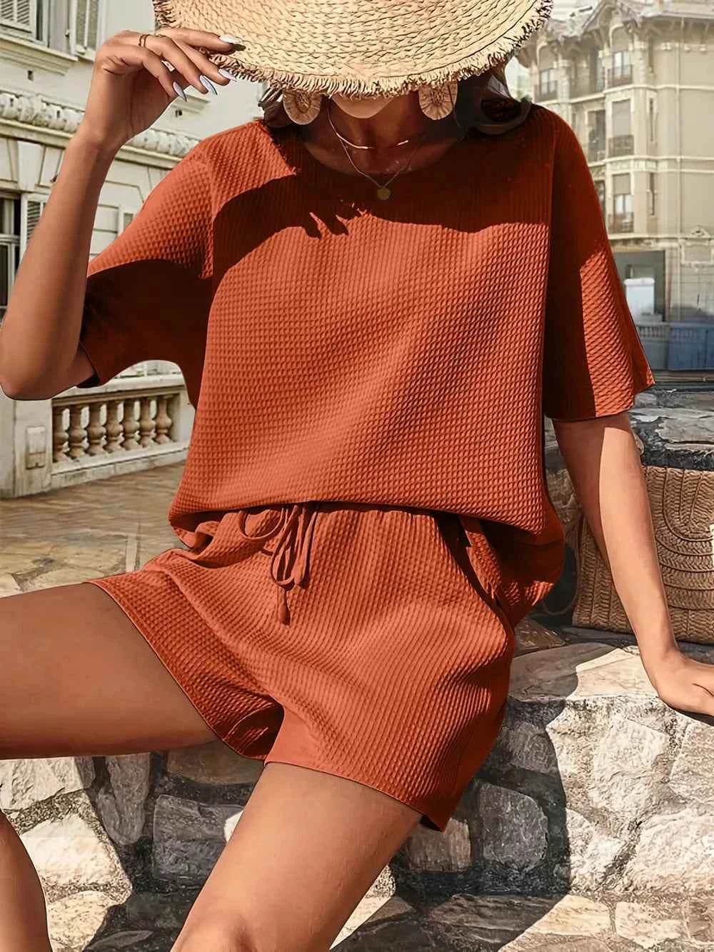 Waffle Knit Top and Shorts Set for Ultimate Comfort and Style - EBYNN