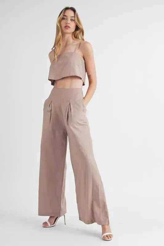 Linen Mix Crop Cami and Wide Leg Pants Set - EBYNN