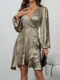 Ruffled Hem Surplice Long Sleeve Dress.