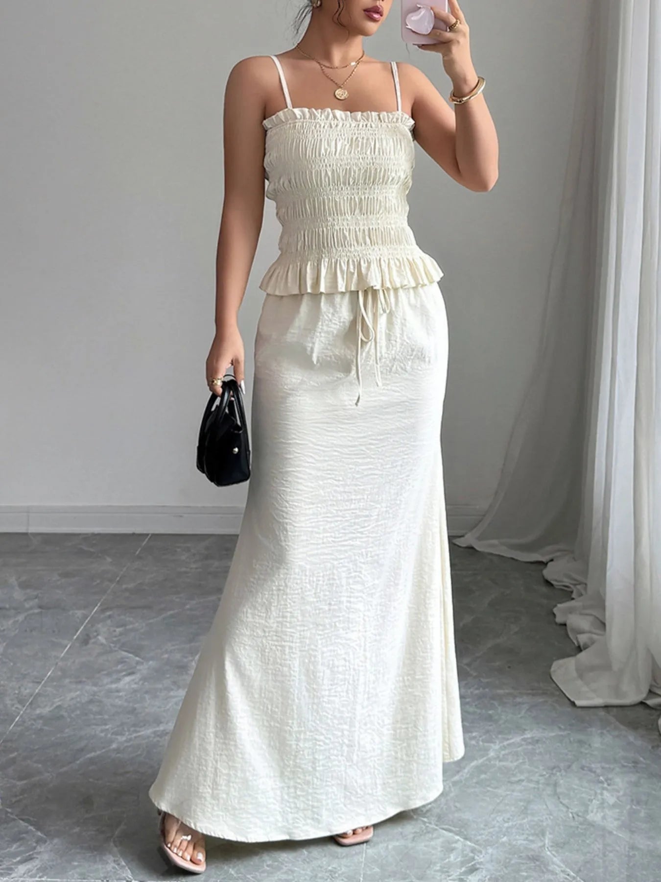 Smocked Ruffled Hem Cami and Maxi Skirt Set.