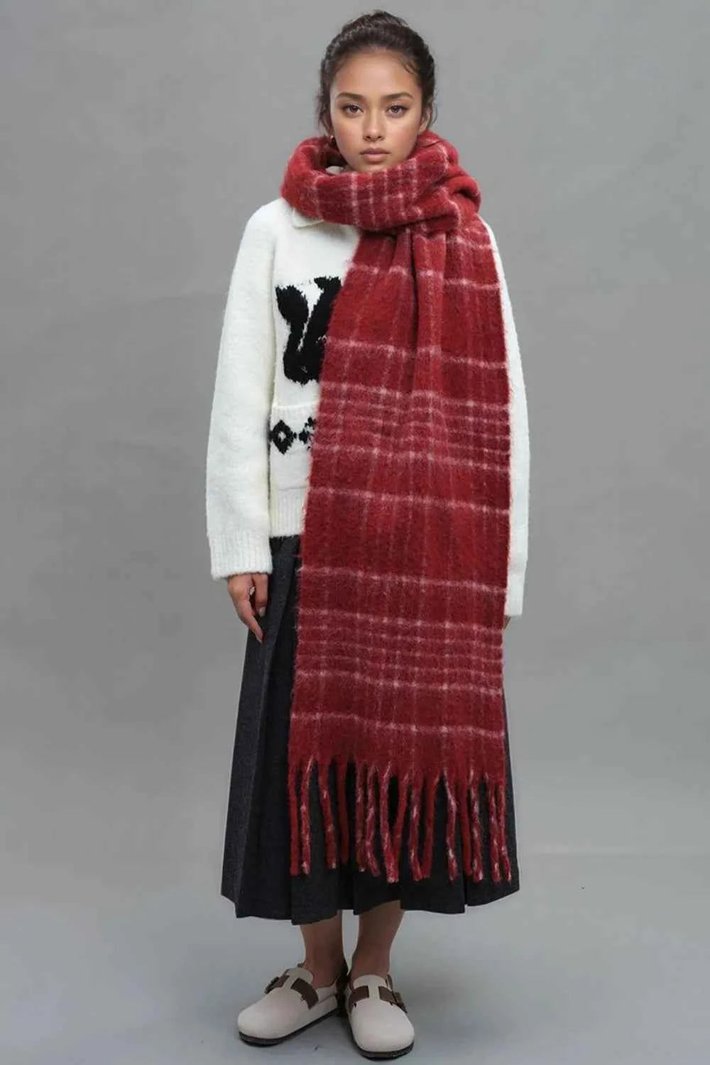 Fringe Plaid Thermal Scarf.