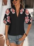 Floral Print Notched Puff Sleeve Blouse.