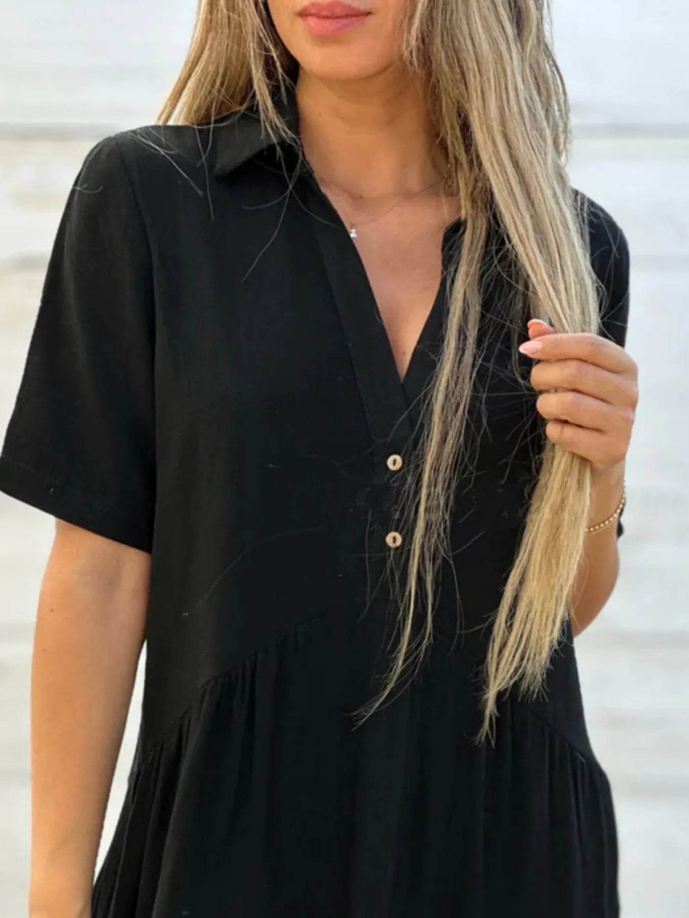 Plus Size Tiered Button-Front Short Sleeve Dress.