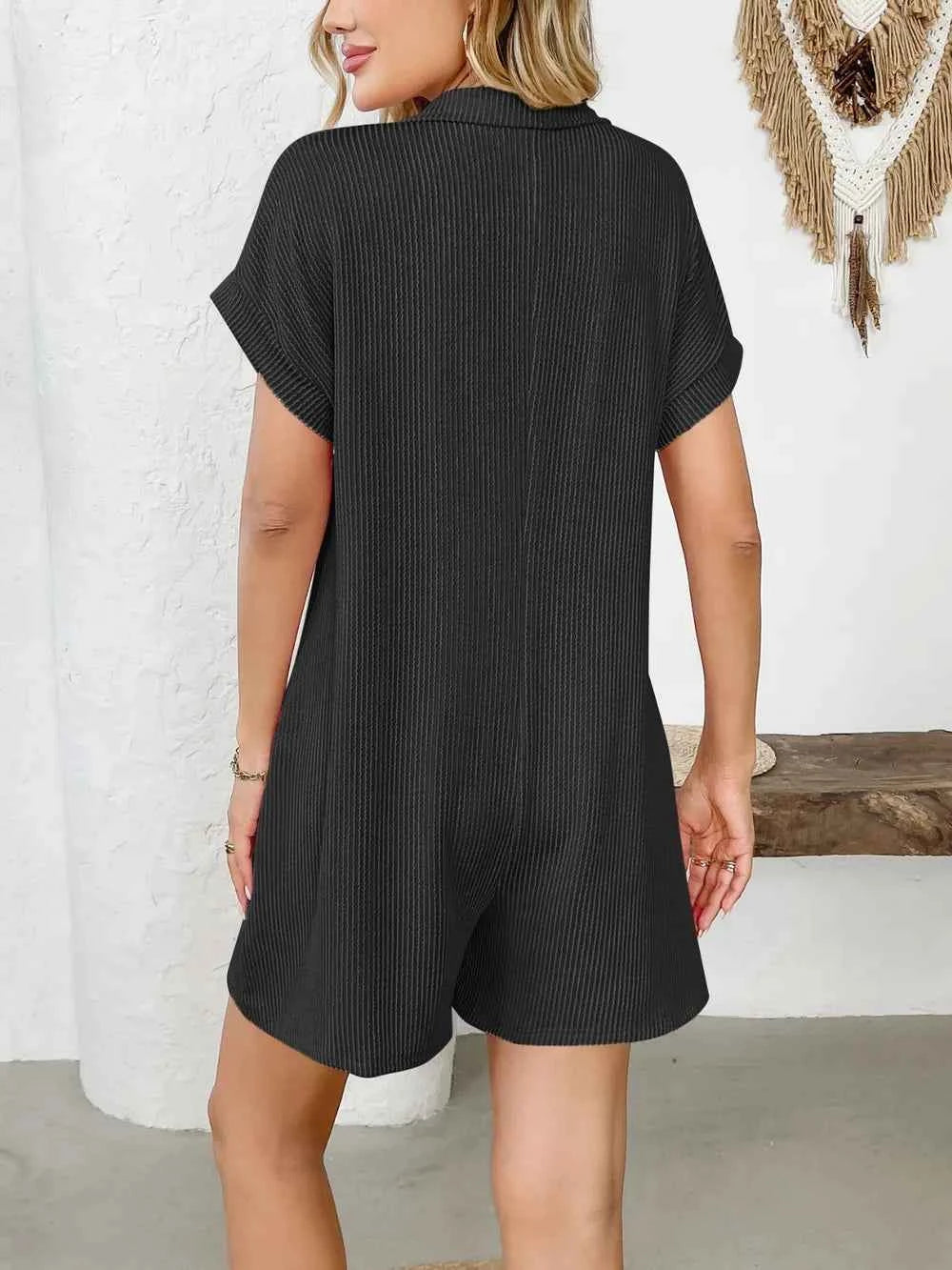 Button Detail Collared Neck Short Sleeve Romper.
