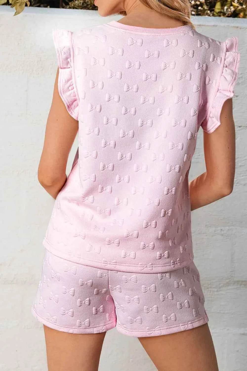 Bow Jacquard Ruffle Top Set with Cap Sleeve and Shorts - EBYNN