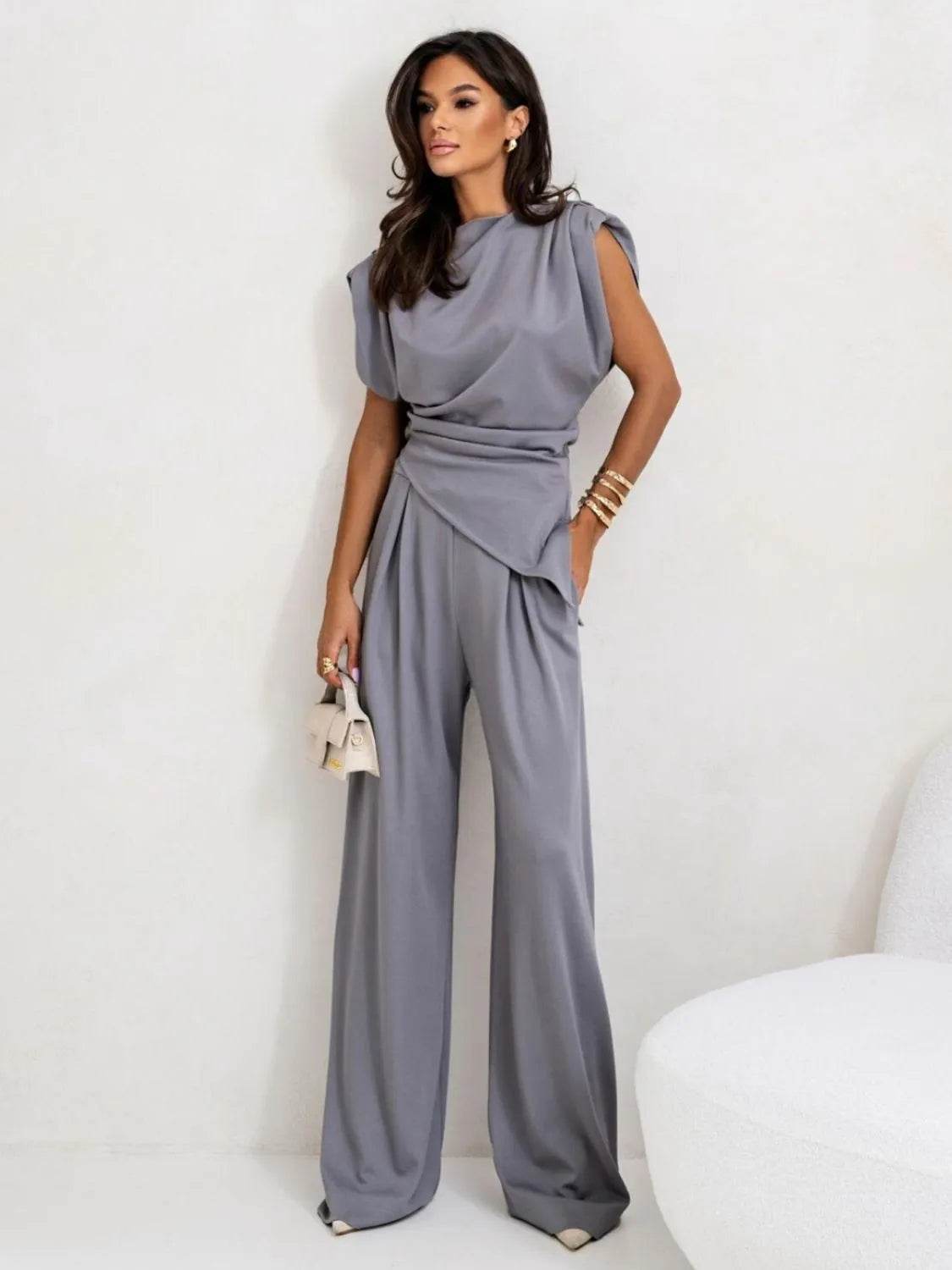 Slit Ruched Top and Wide Leg Pants Set - EBYNN