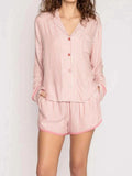 Striped Collared Neck Long Sleeve Top and Shorts Lounge Set.