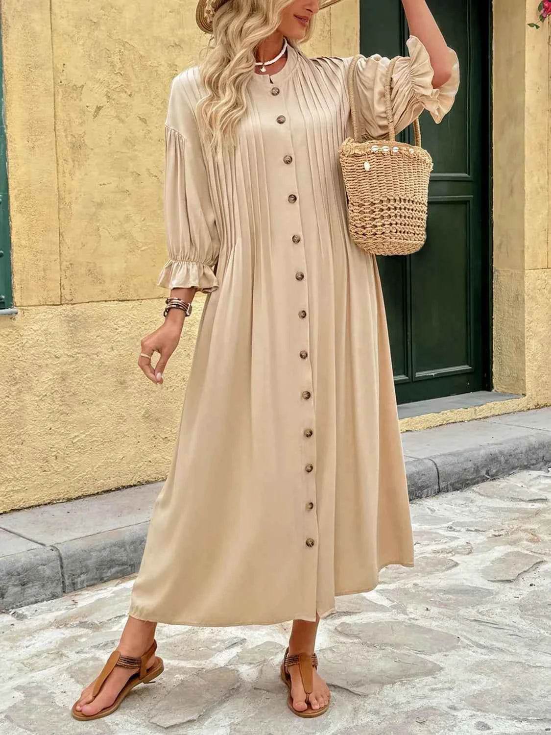 Button Front Flounce Sleeve Dress.