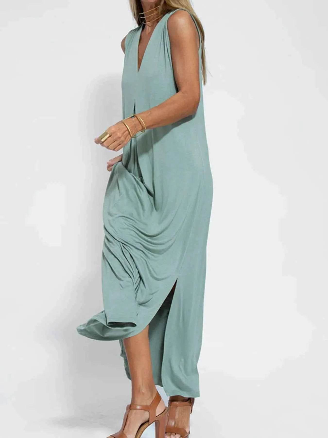 Plus Size V-Neck Sleeveless Maxi Dress with Slit.