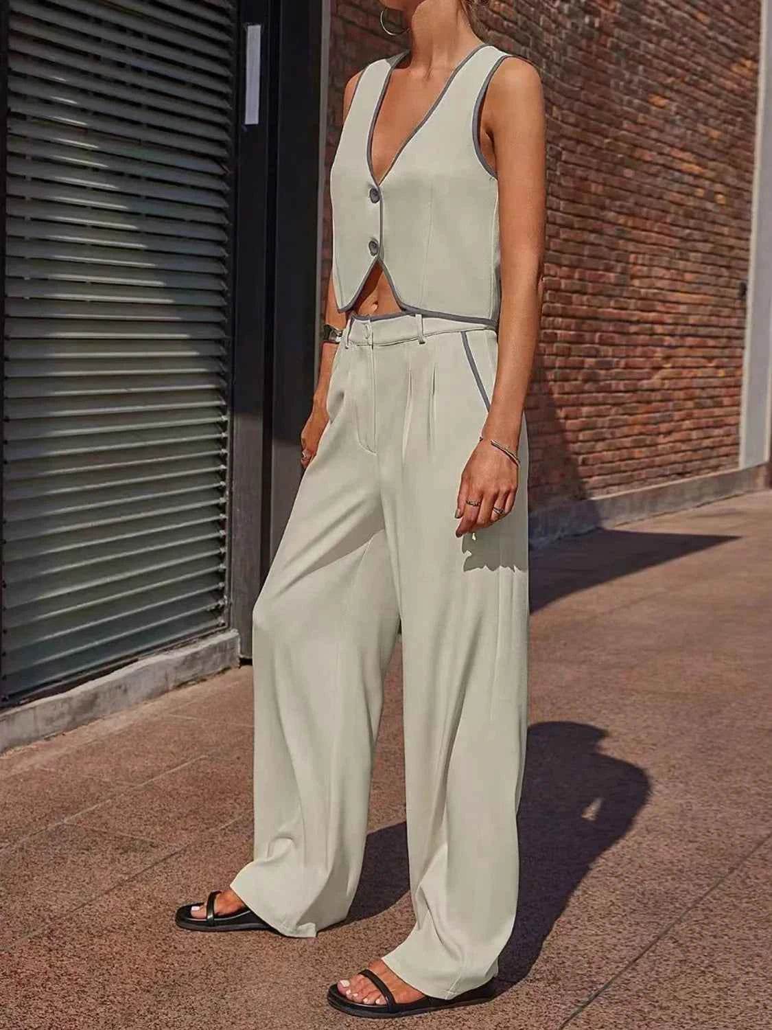 Stylish V-Neck Vest and Pants Set - EBYNN