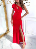 Cutout One Shoulder Ruffle Split Dress.