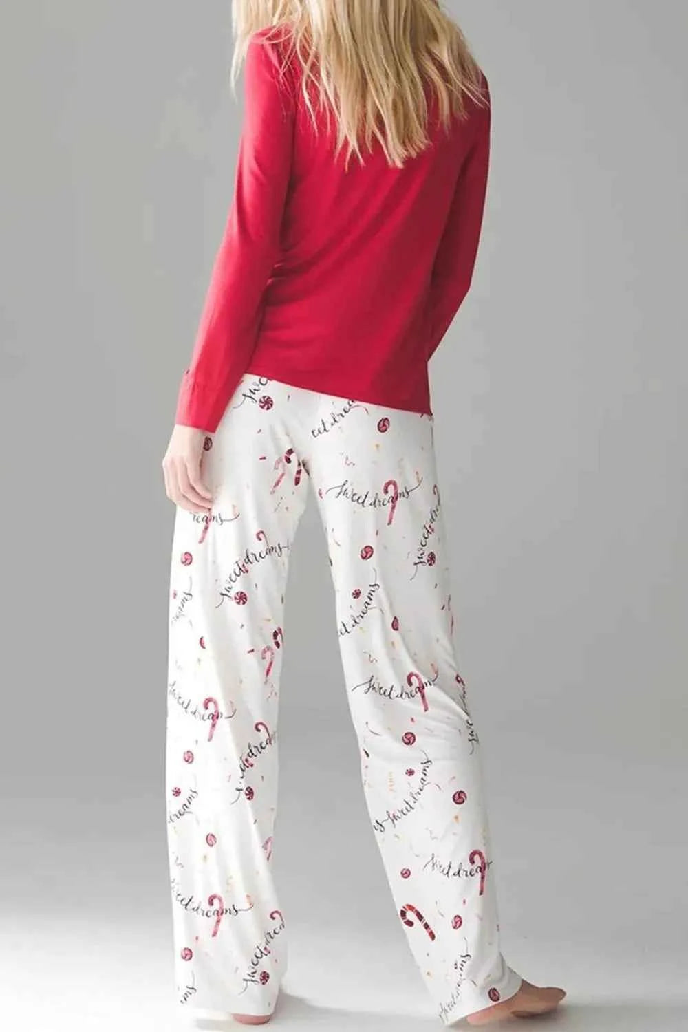 Round Neck Long Sleeve Top and Printed Pants Lounge Set.
