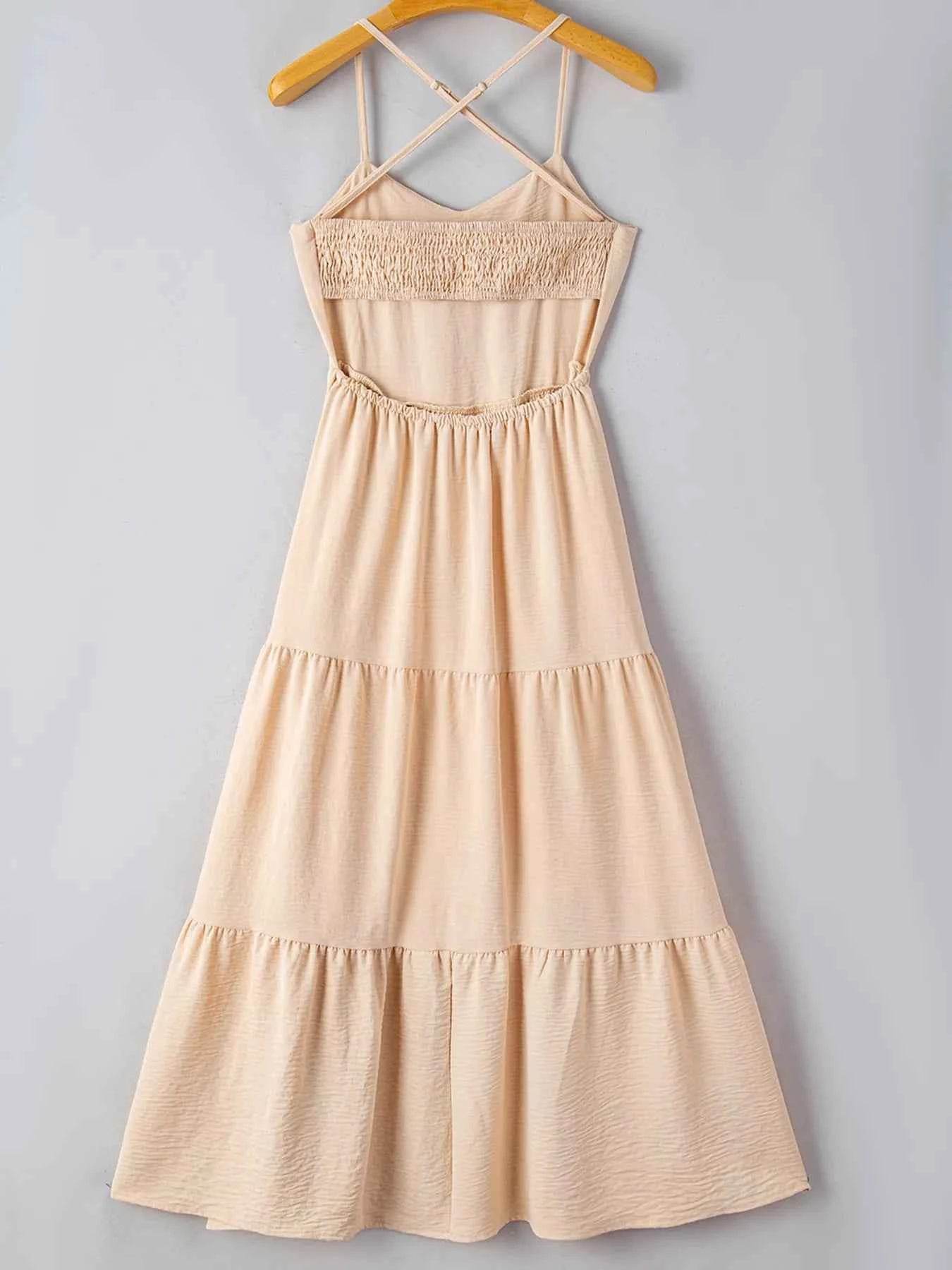 Crossover Backless Bodice Tiered Maxi Dress.