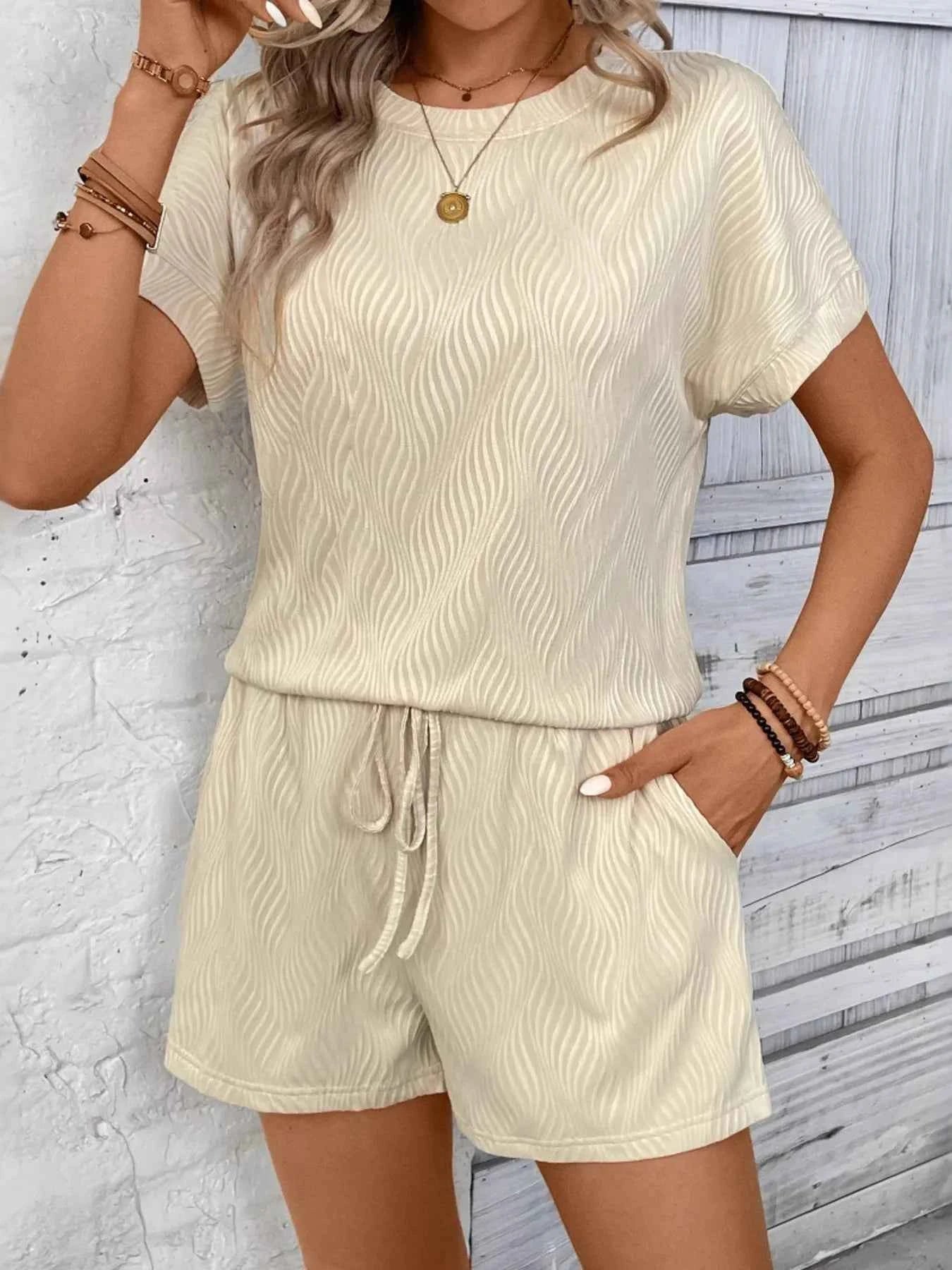 Textured Knit Round Neck Top and Shorts Set.