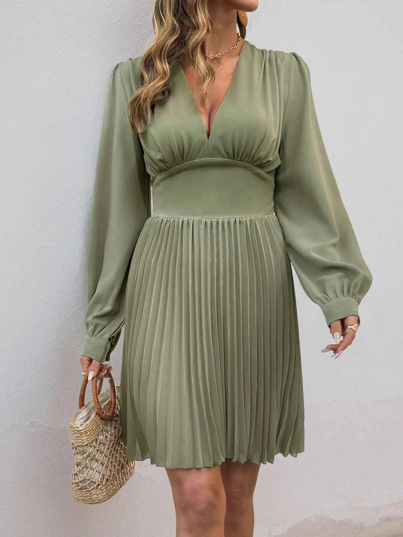 Pleated Long Sleeve V-Neck Dress.