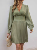 Pleated Long Sleeve V-Neck Dress.