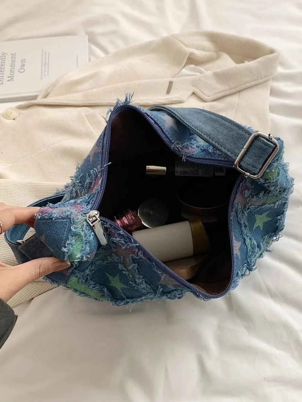 Raw Hem Denim Shoulder Bag.