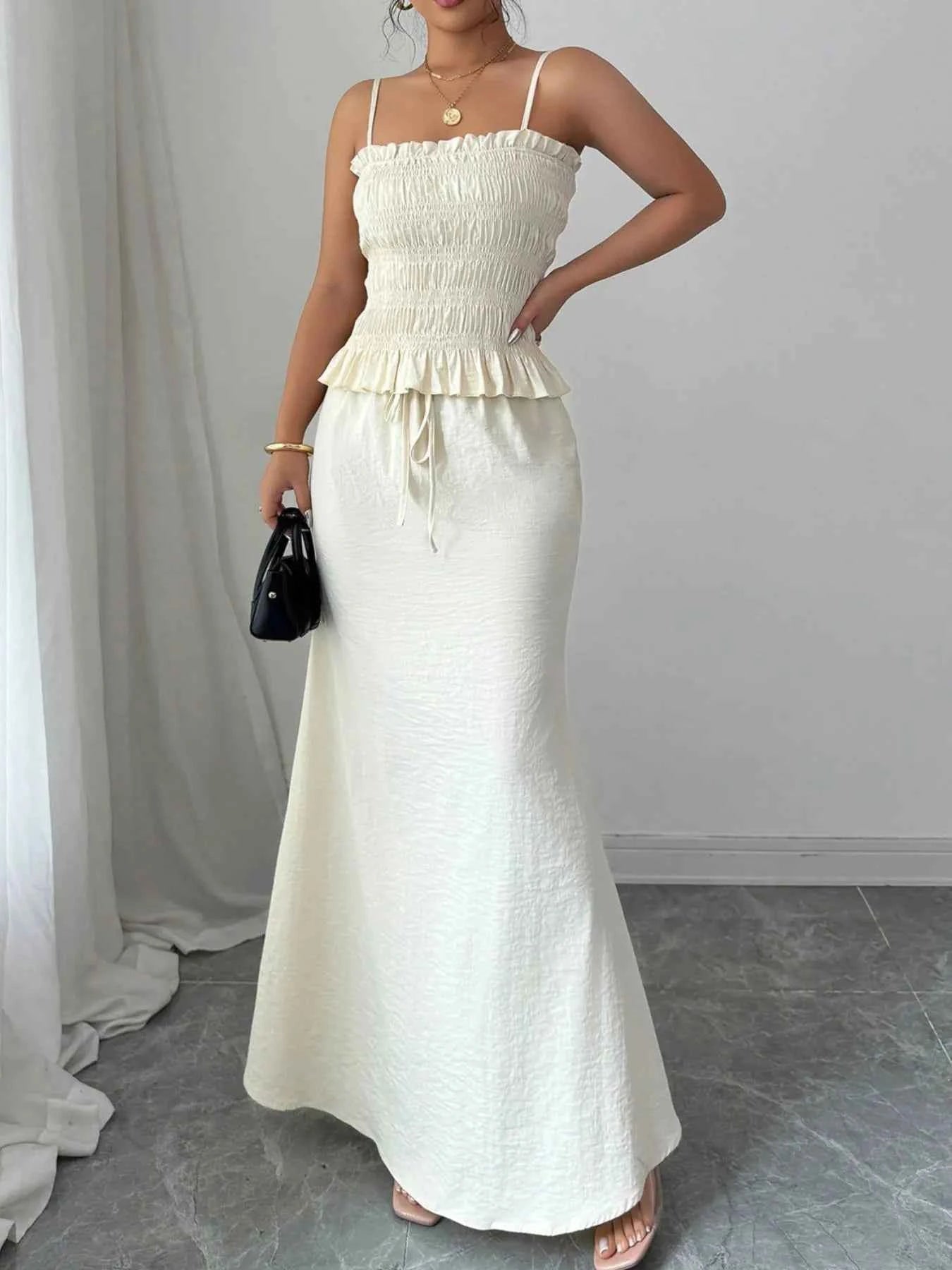 Smocked Ruffled Hem Cami and Maxi Skirt Set.