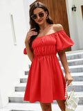 Off-Shoulder Puff Sleeve Mini Dress.