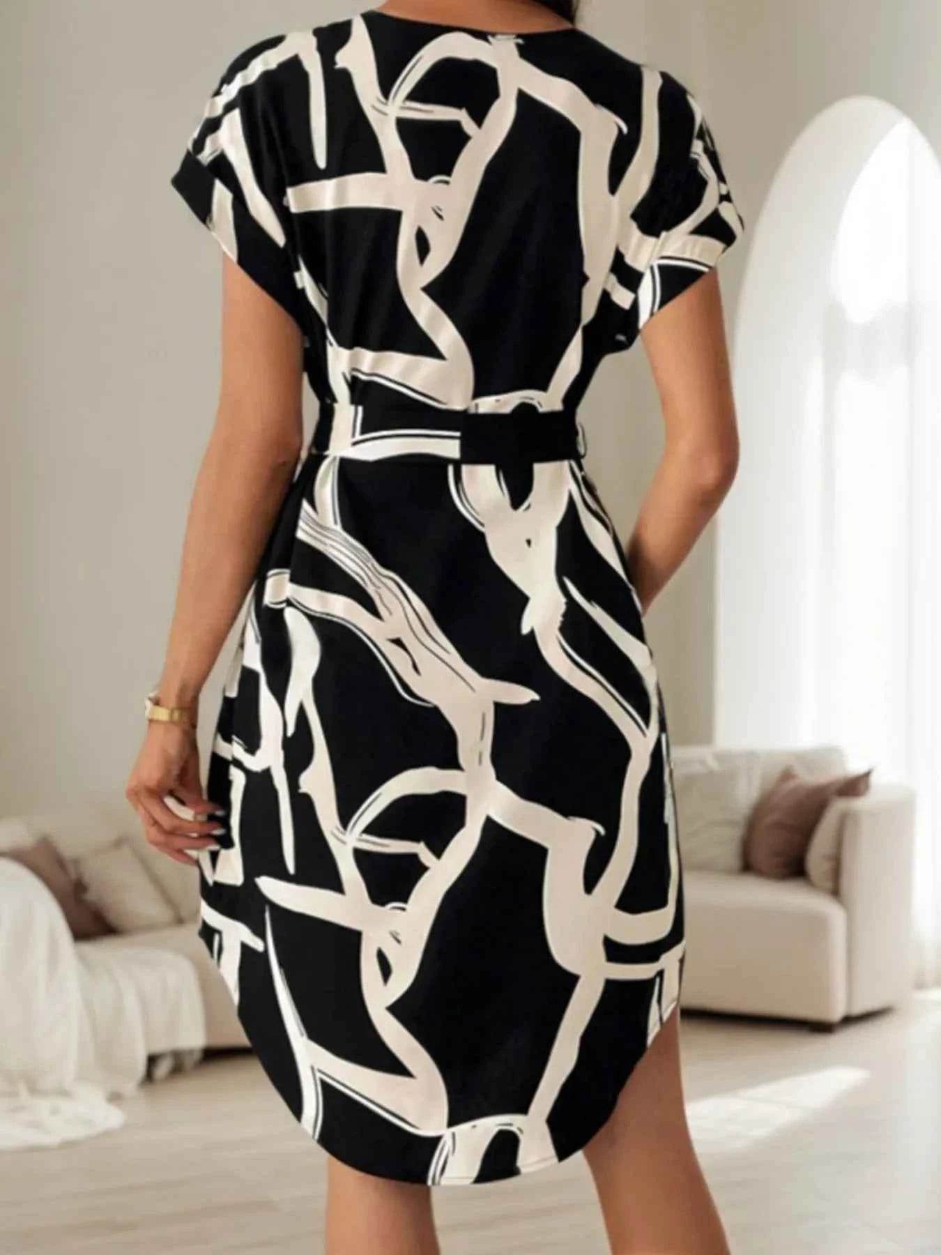 Abstract Print Belted Midi Dress - Short Sleeve.