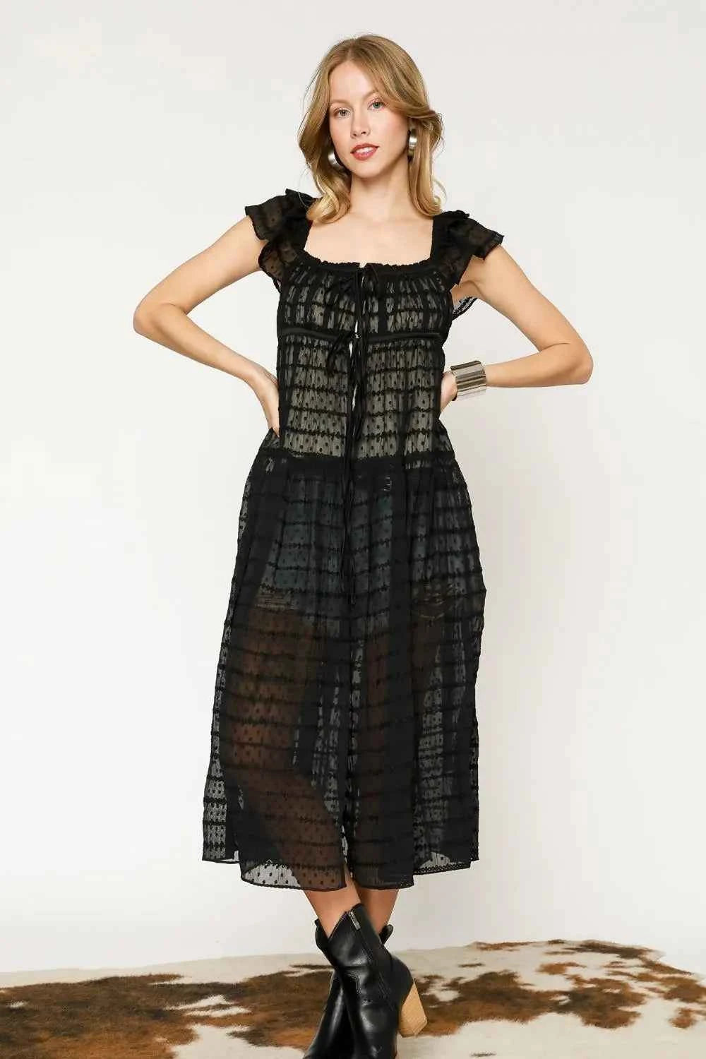Umgee Sheer Black Lace Ruffled Cap Sleeve Cover Up.