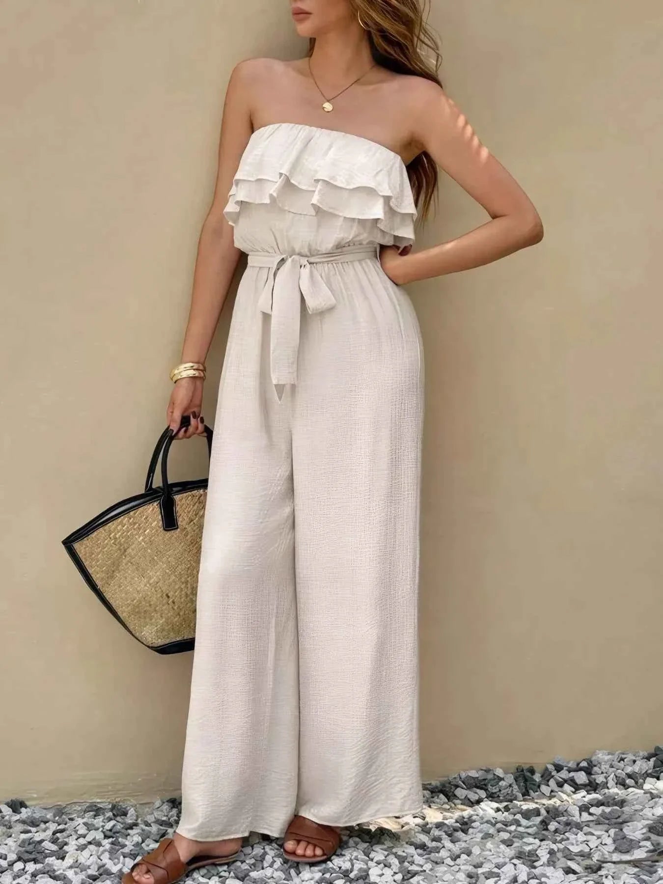 Off-Shoulder Ruffled Wide Leg Jumpsuit.