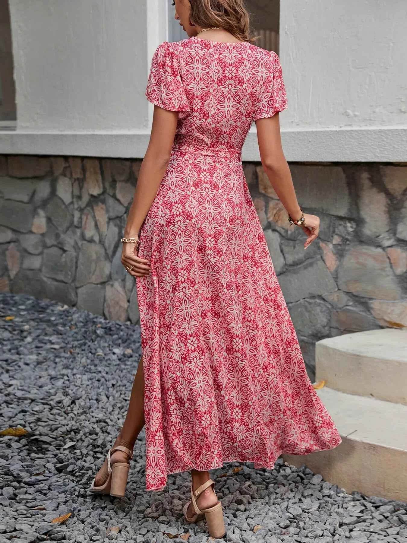 Printed Surplice Maxi Dress with Flutter Sleeves.