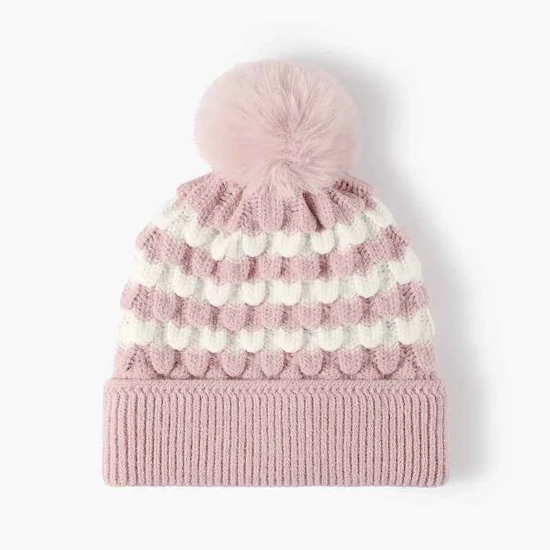 Striped Contrast Knit Hat with Pom-pom.