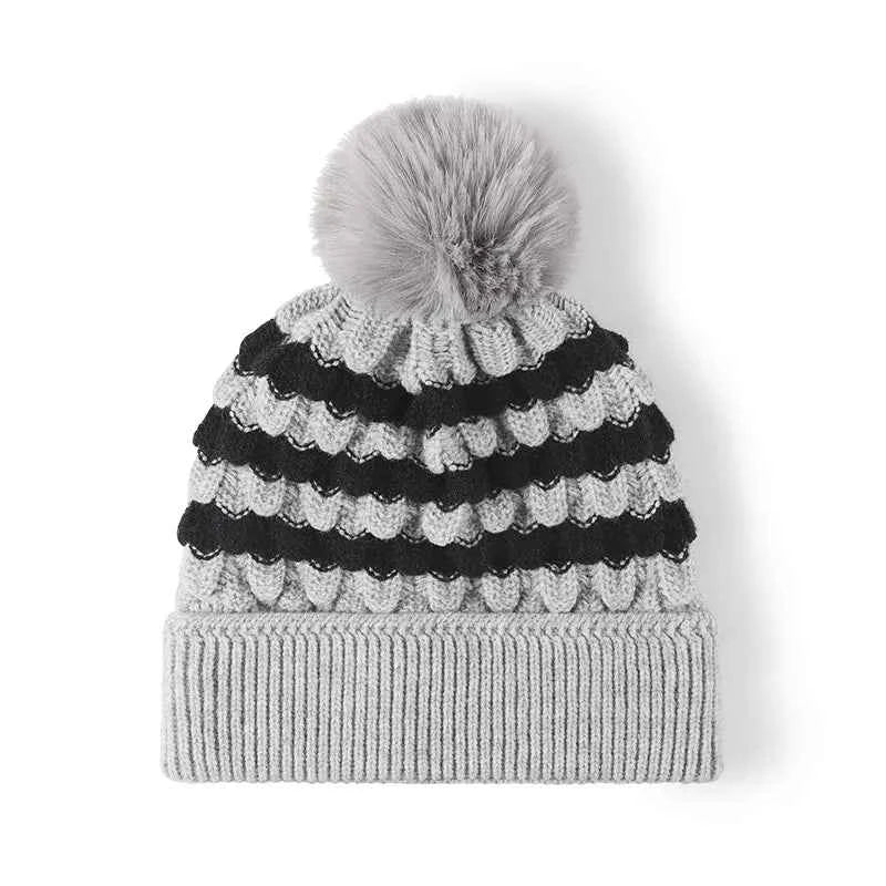 Striped Contrast Knit Hat with Pom-pom.