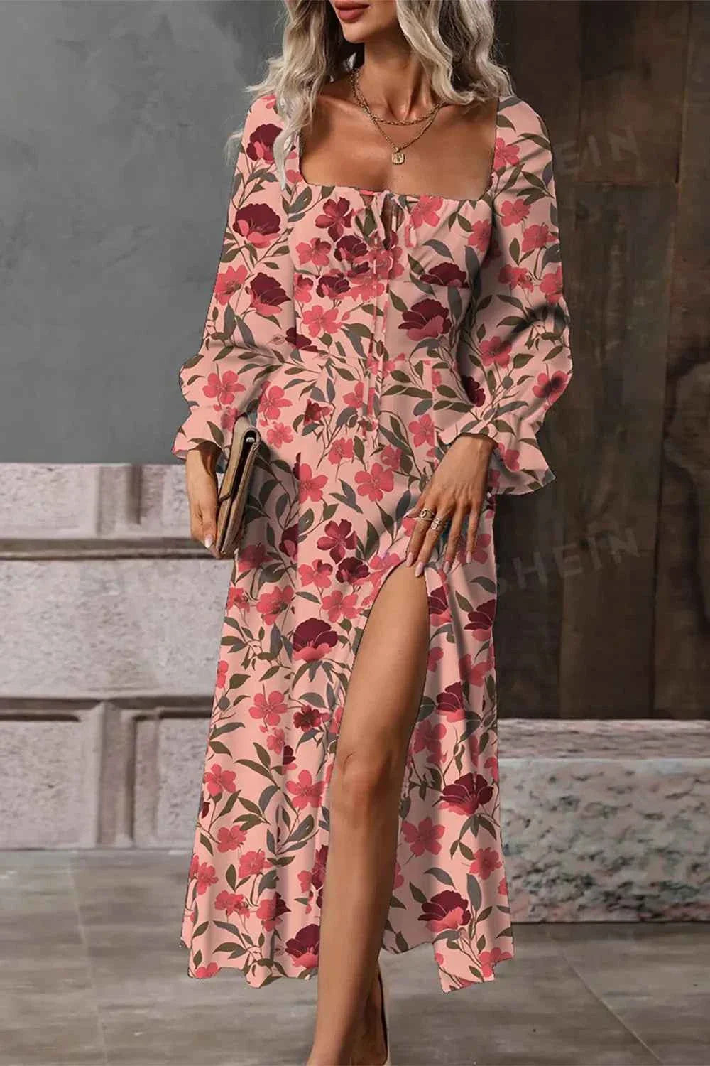 Floral Print Flounce Sleeve Midi Dress.