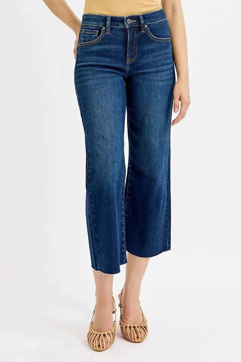 RISEN Full Size Tummy Control High Rise Crop Wide Jeans.
