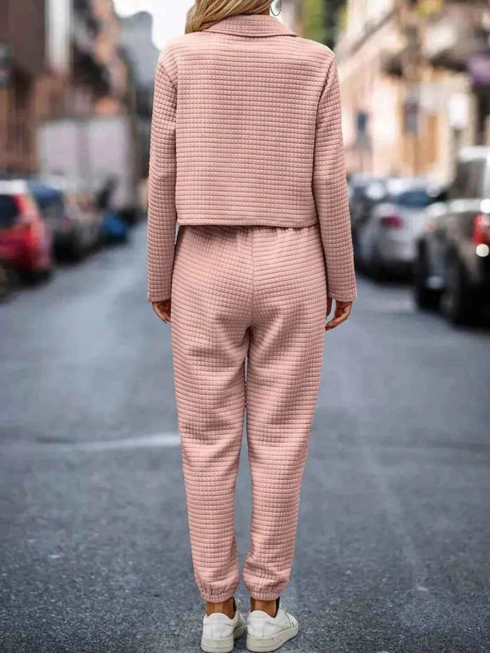 Plaid Texture Snap Down Top and Pants Set.