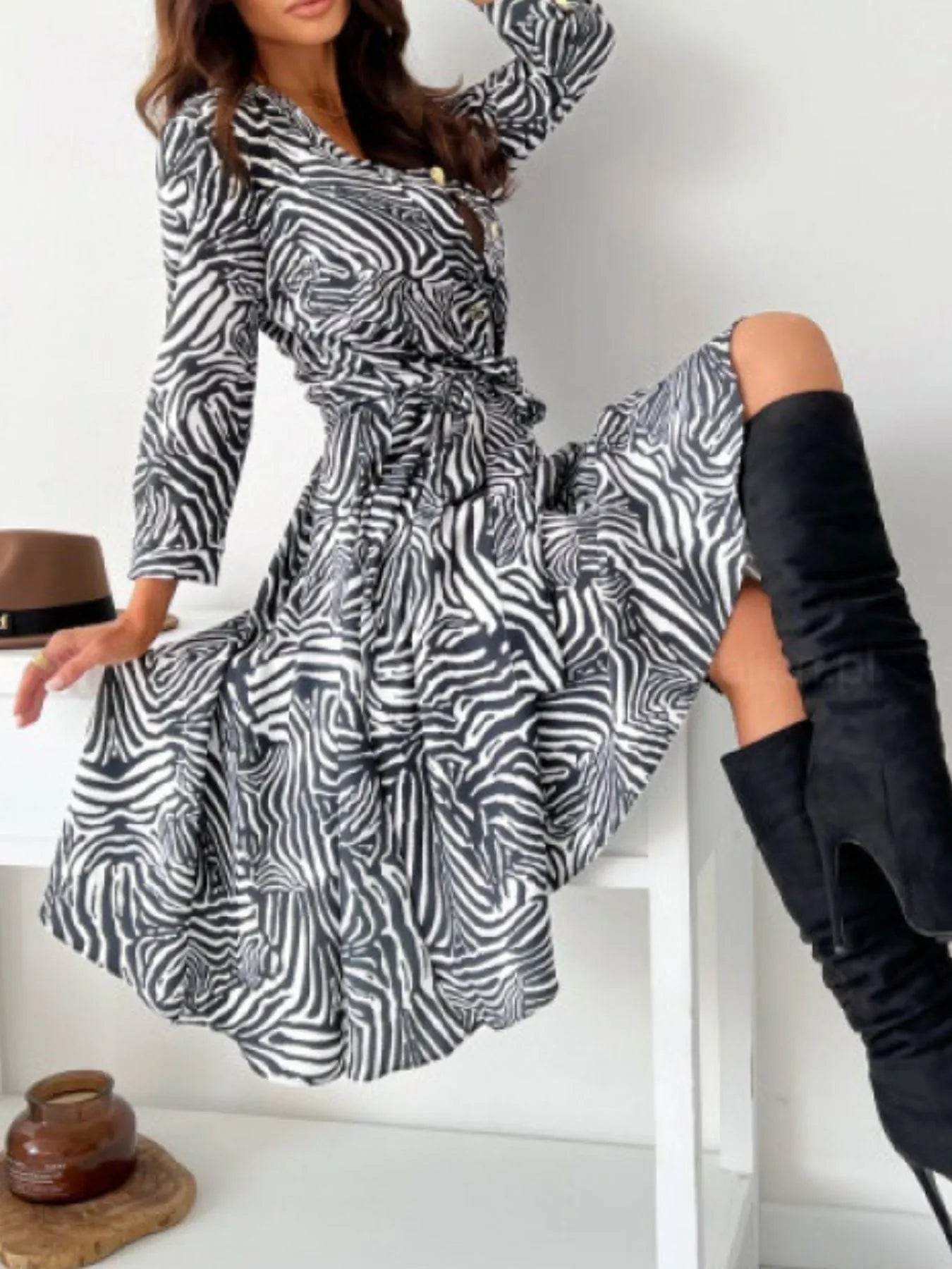 Printed Tie Waist Midi Dress.
