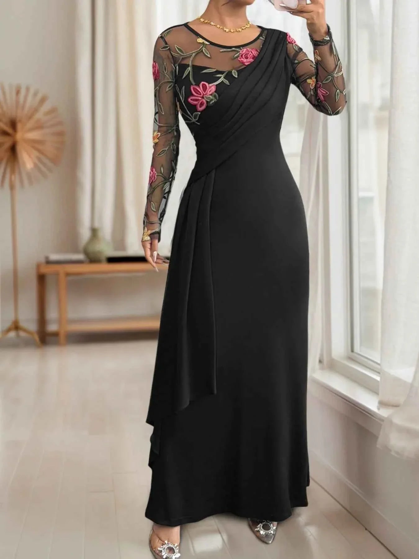 Floral Mesh Sleeve Ruched Maxi Dress.