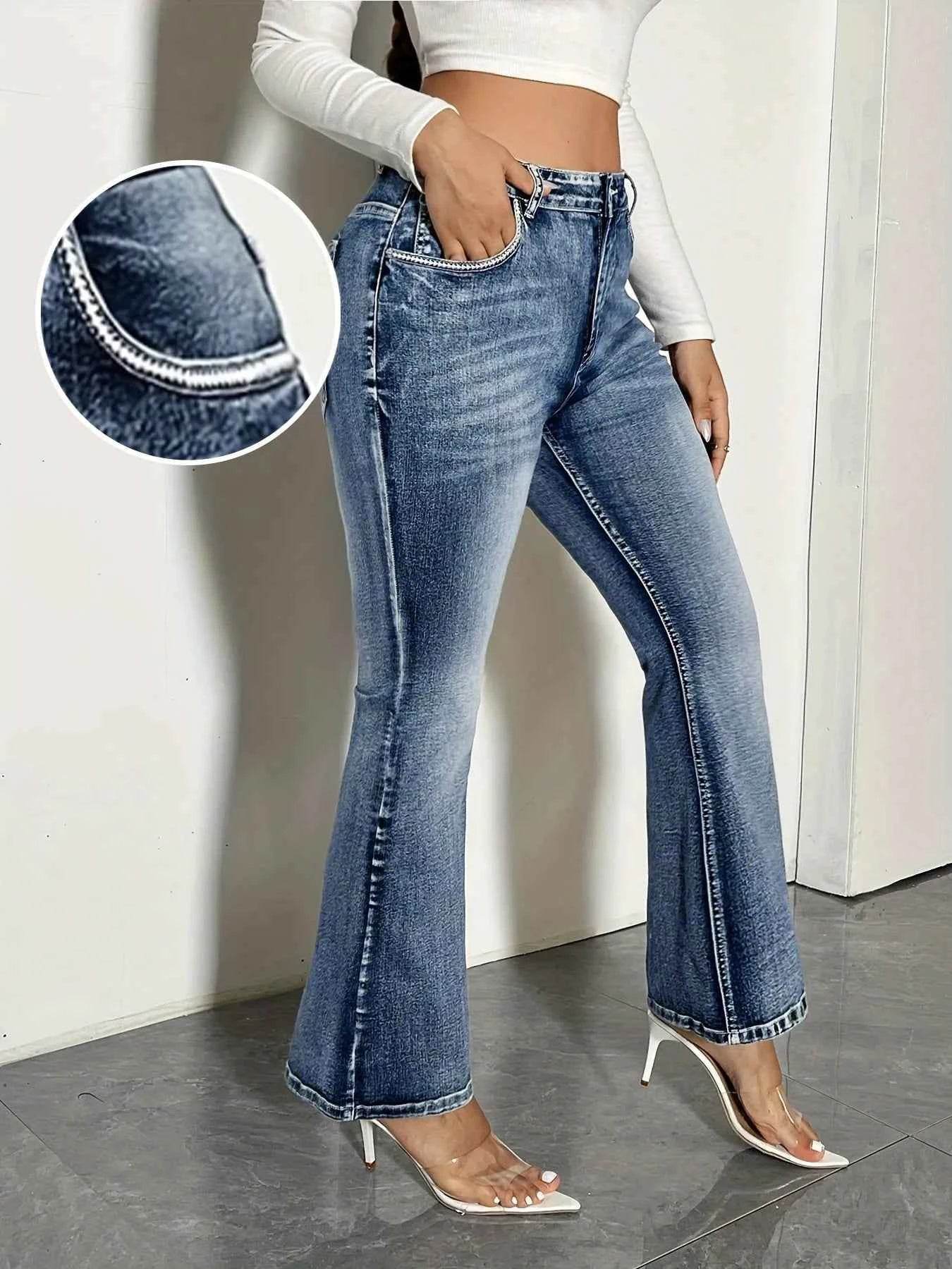 High Waist Vintage Wash Flare Denim Jeans.