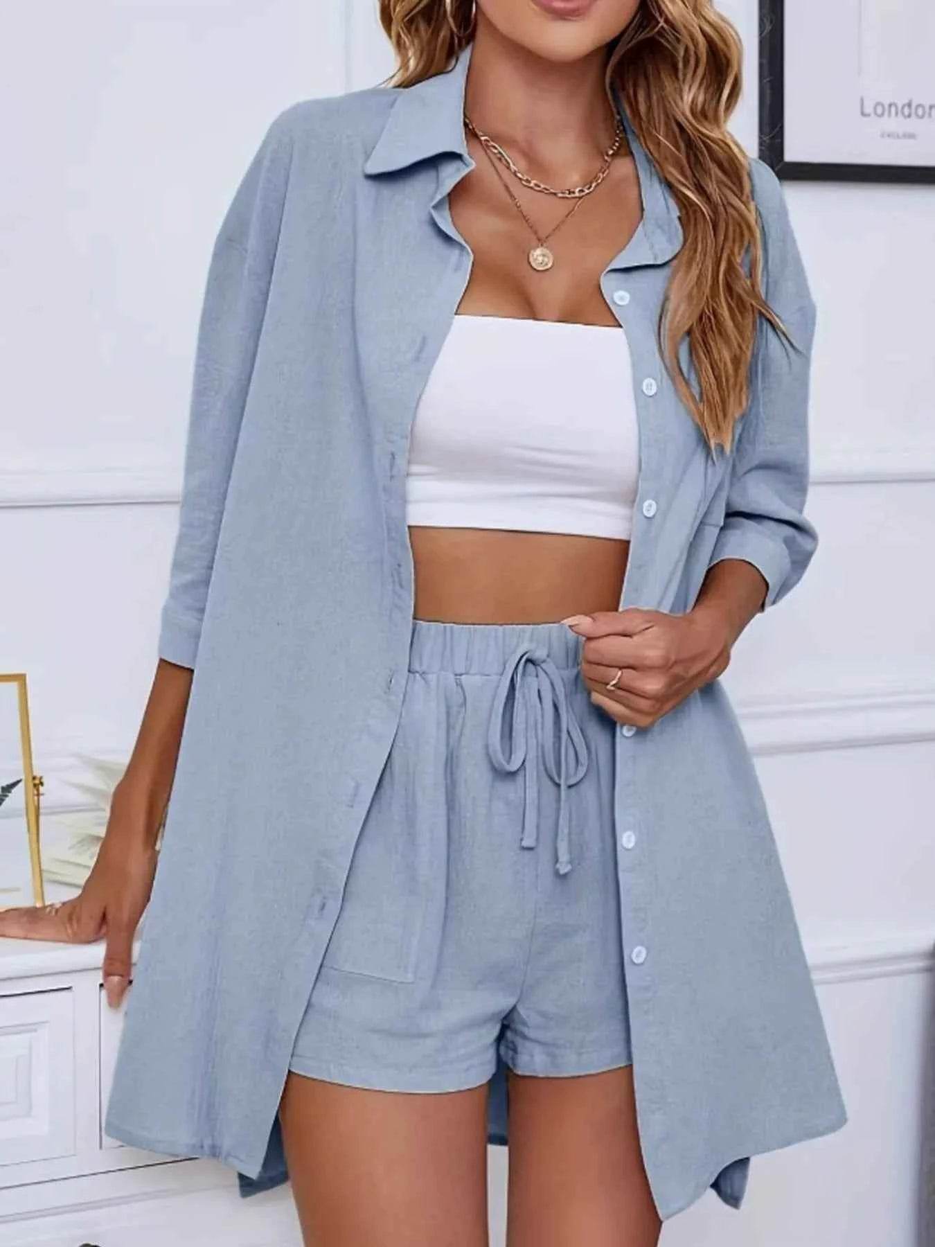 Button Up Shirt and Shorts Set for Effortless Style and Comfort - EBYNN
