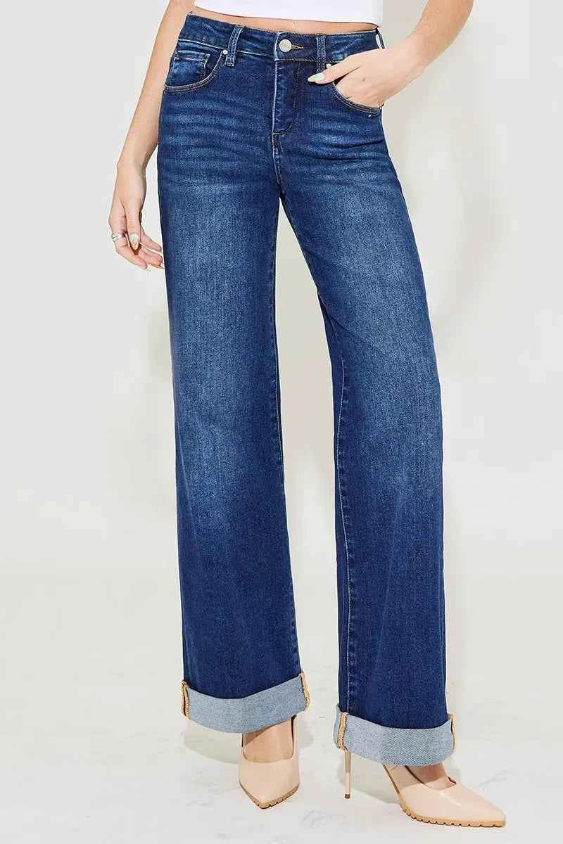 RISEN Full Size Tummy Control High Rise Wide Leg Jeans.