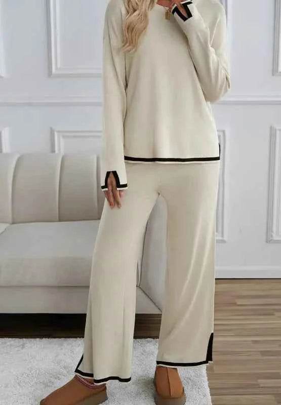 Contrast Trim Round Neck Top & Pants Sweater Set.