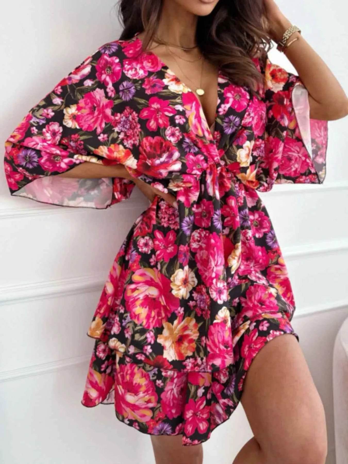 Floral Print V-Neck Ruffle Mini Dress.