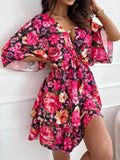 Floral Print V-Neck Ruffle Mini Dress.