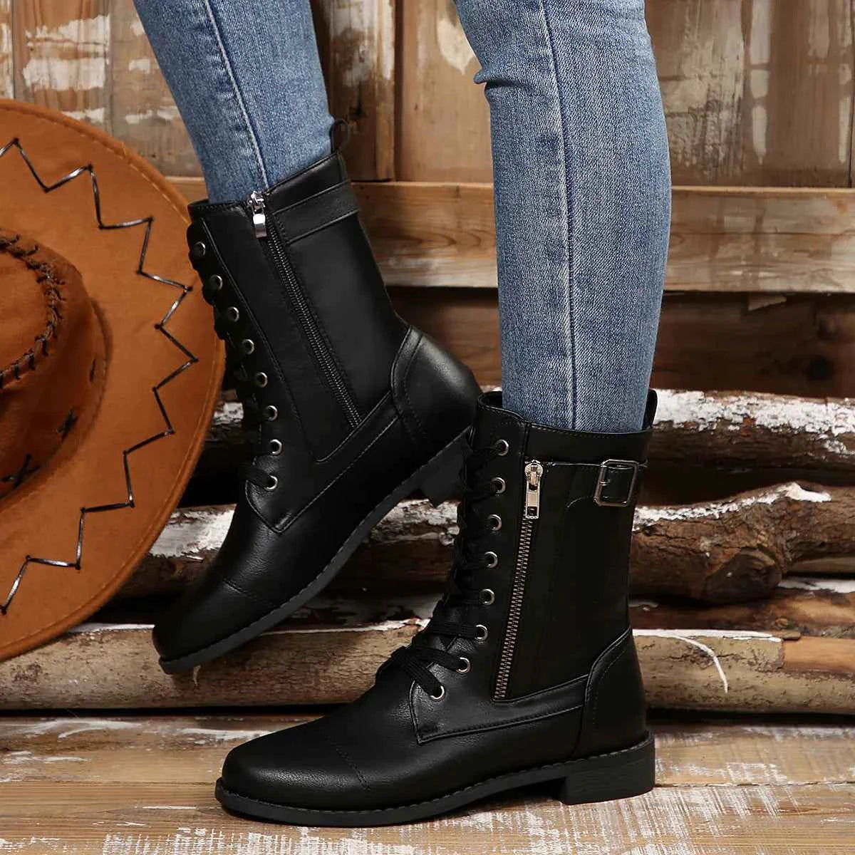 Round Toe Lace-Up Block Heels Boots.