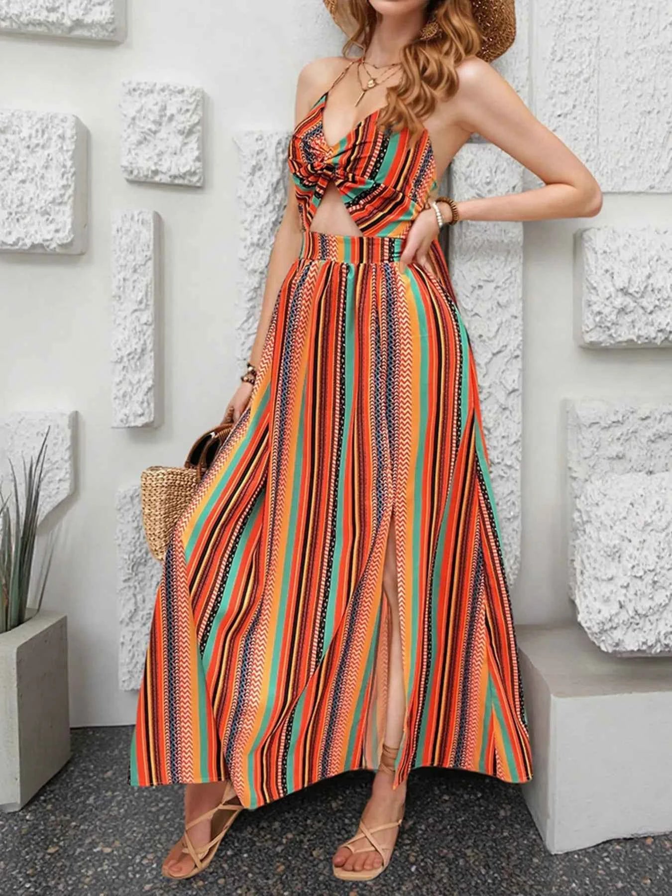 Striped Halter Maxi Dress with Cutout Detail.