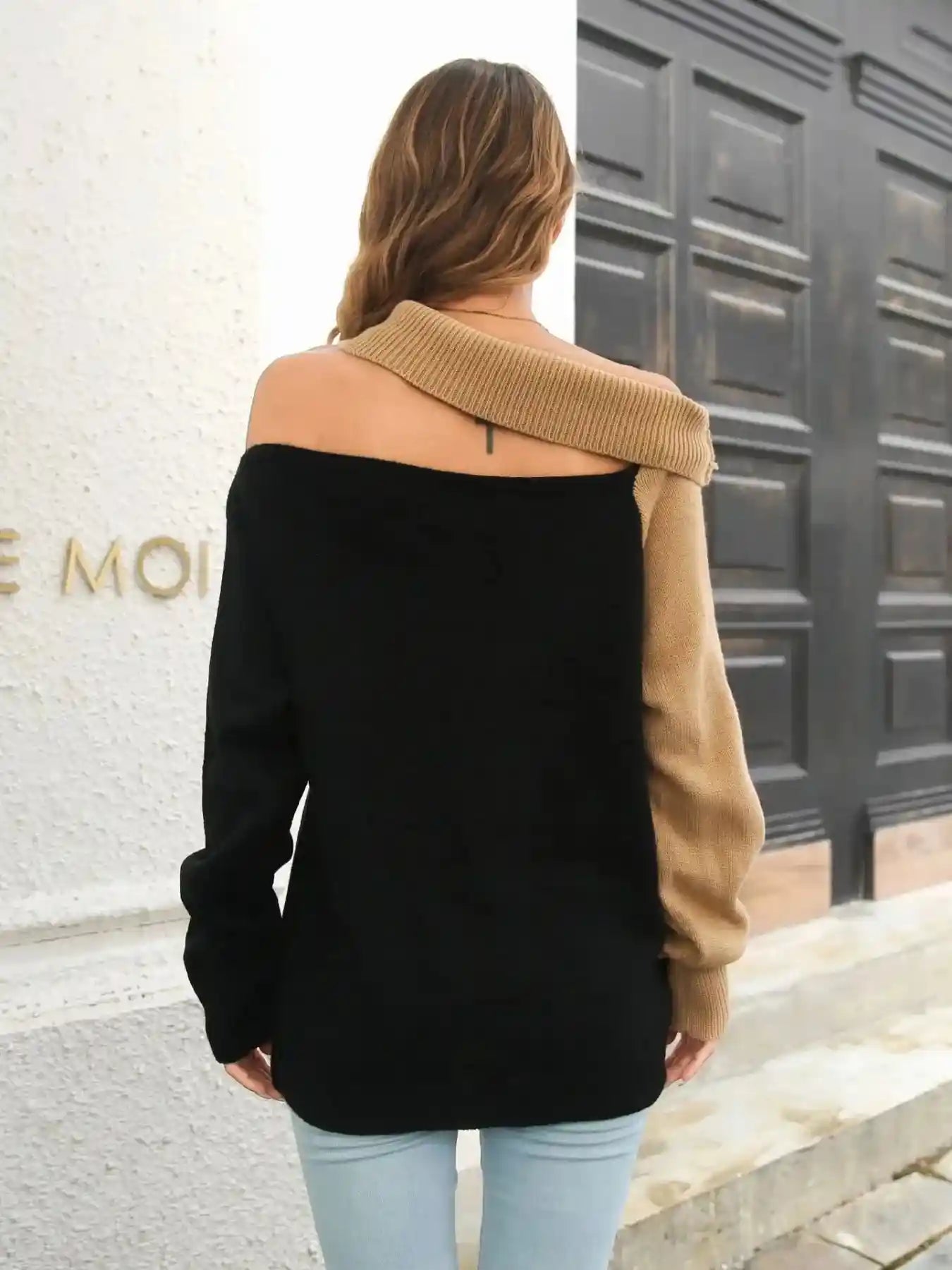 Asymmetrical Color Block Long Sleeve Sweater.