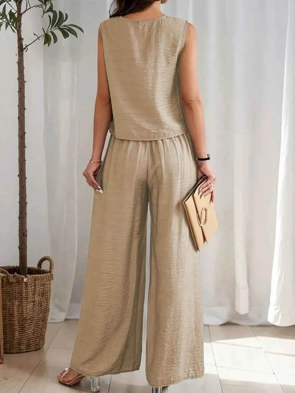 Ruched Round Neck Sleeveless Top and Wide Leg Pants Set - EBYNN