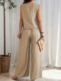 Ruched Round Neck Sleeveless Top and Wide Leg Pants Set - EBYNN
